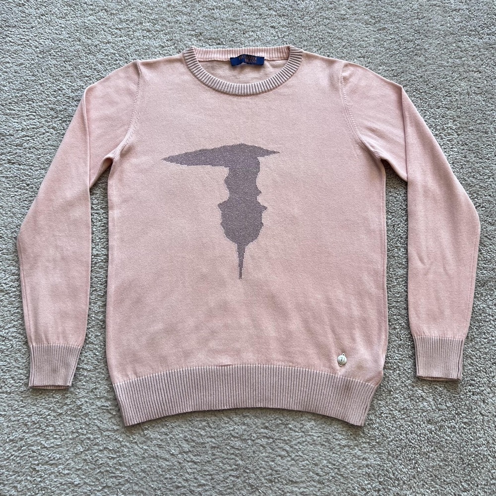 Trussardi Jeans Metallic Logo Crewneck Knit Sweater Womens S Pink Made Italy